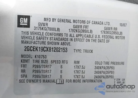 2008 Chevrolet Silverado 1500 Lt1 z USA, uszkodzony, nr VIN 2GCEK19CX81202153